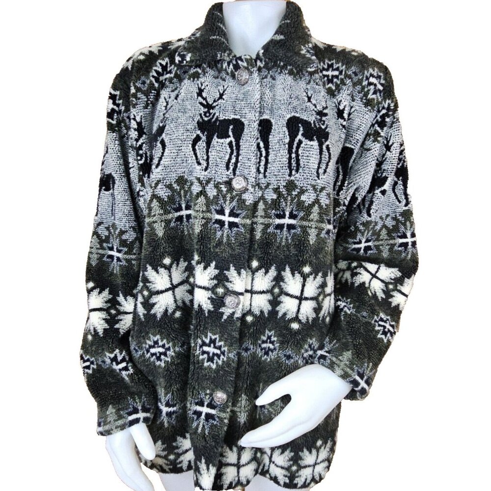 Country Clothing  Fleece Jacket Womens M Deer Snowflake Fair Isle Sherpa Sweater